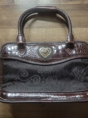 Vintage BRIGHTON Cosmetic Case Brown Leather Black Canvas Floral Interior